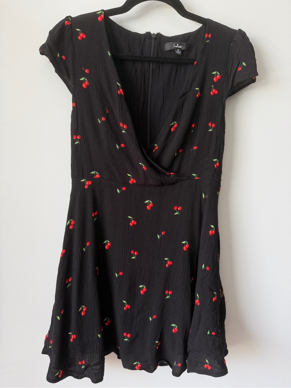 Lulu's Black Cherry-Print Wrap Mini Dress